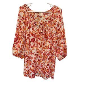 Floral Peasant Top Blouse Tie Neckline & 3/4 Sleeves Faded Glory 2X Orange Red